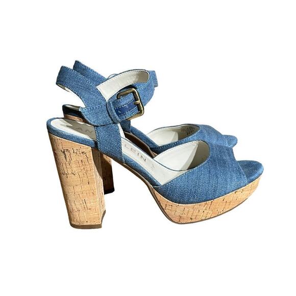 Anne Klein Iflex Cork Heel Blue Jean Denim Heel. Adjustable strap. Women's 9M - Picture 1 of 4